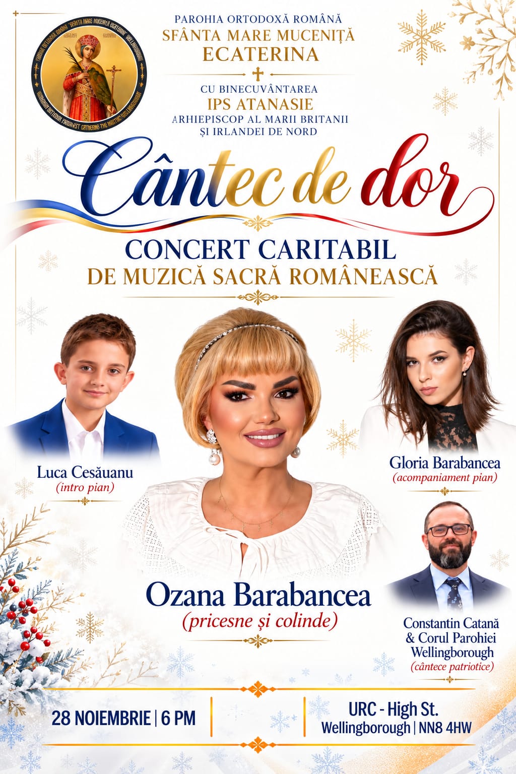 Afișul concertului Cântec de dor, 28 noiembrie, ora 18:00, URC High Street, Wellingborough